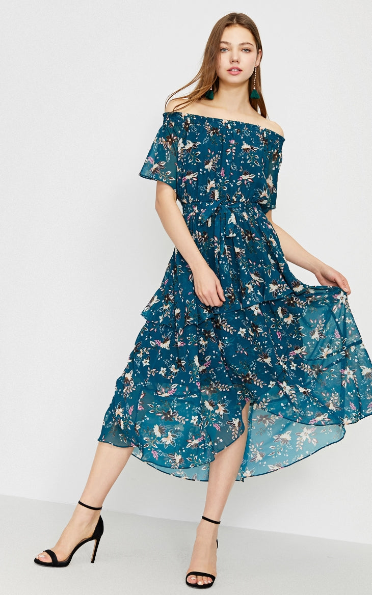 Printed Ruffled Hemline Off-the-shoulder Chiffon Dress