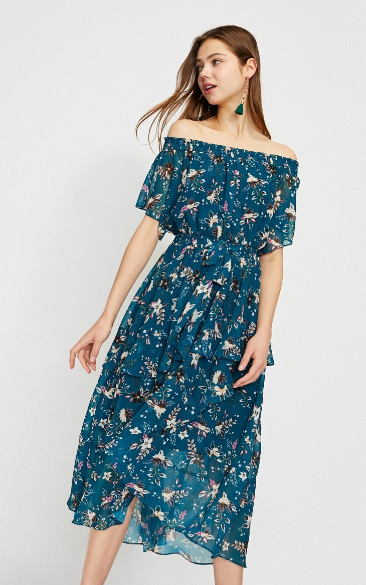 Printed Ruffled Hemline Off-the-shoulder Chiffon Dress
