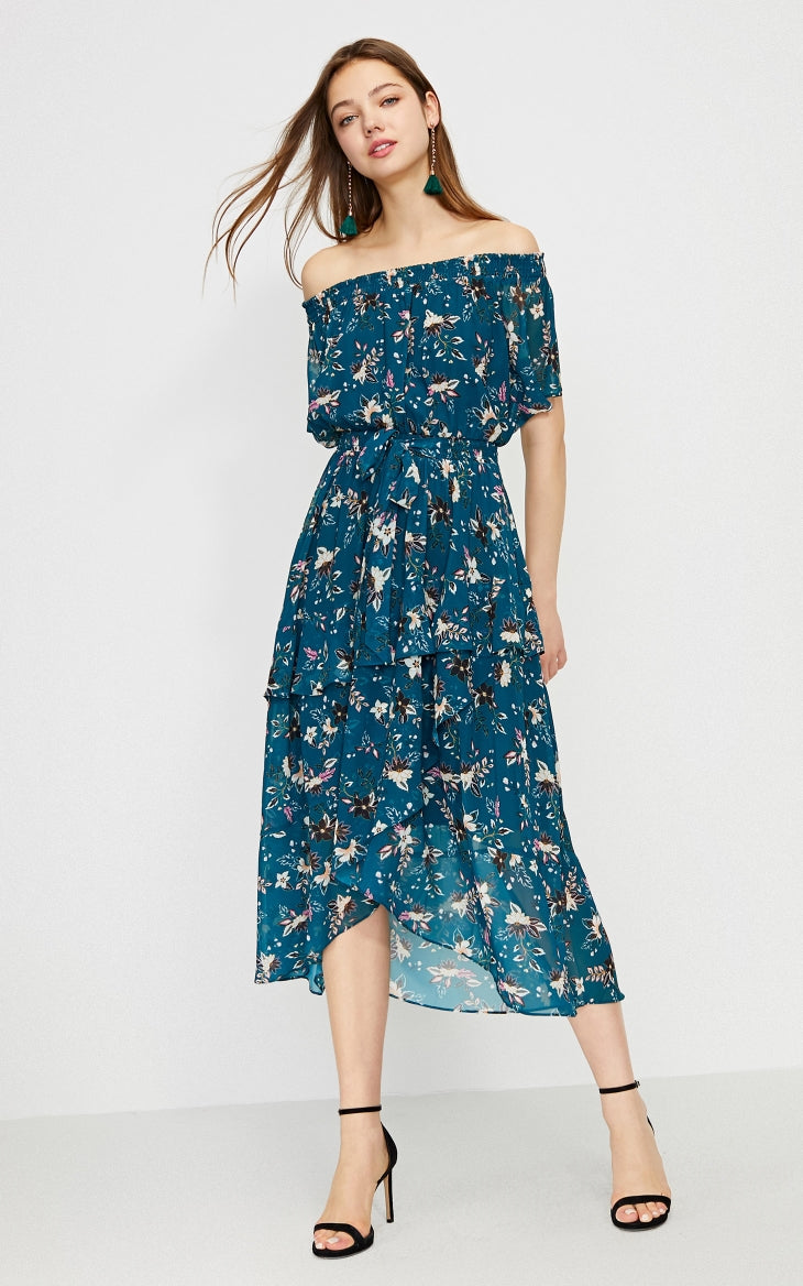 Printed Ruffled Hemline Off-the-shoulder Chiffon Dress