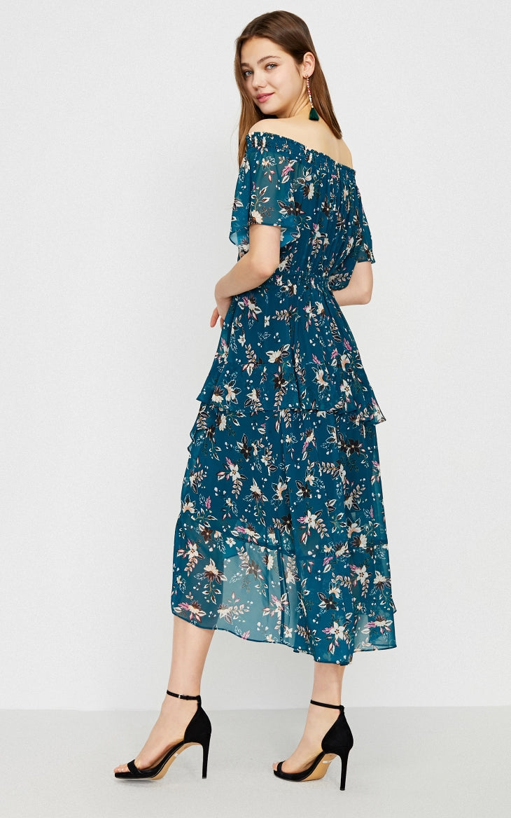 Printed Ruffled Hemline Off-the-shoulder Chiffon Dress