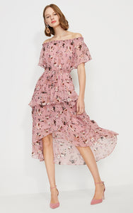 Printed Ruffled Hemline Off-the-shoulder Chiffon Dress