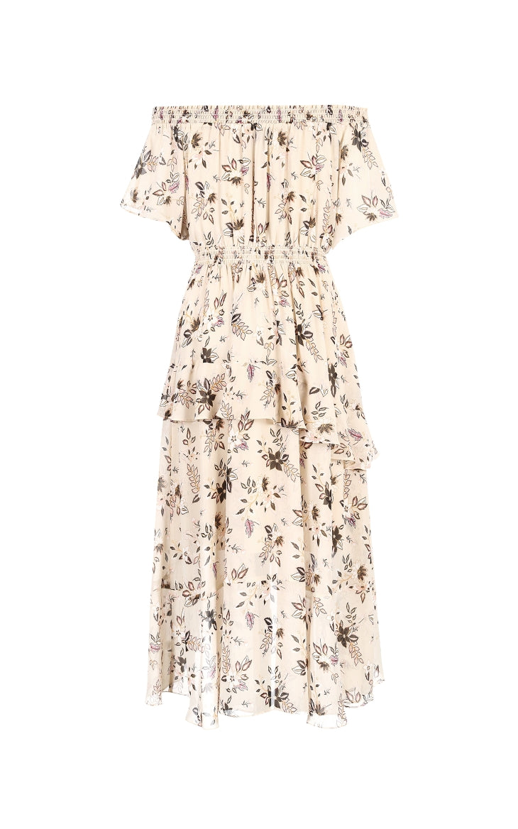 Printed Ruffled Hemline Off-the-shoulder Chiffon Dress