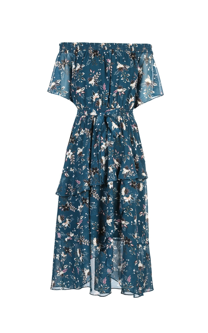Printed Ruffled Hemline Off-the-shoulder Chiffon Dress