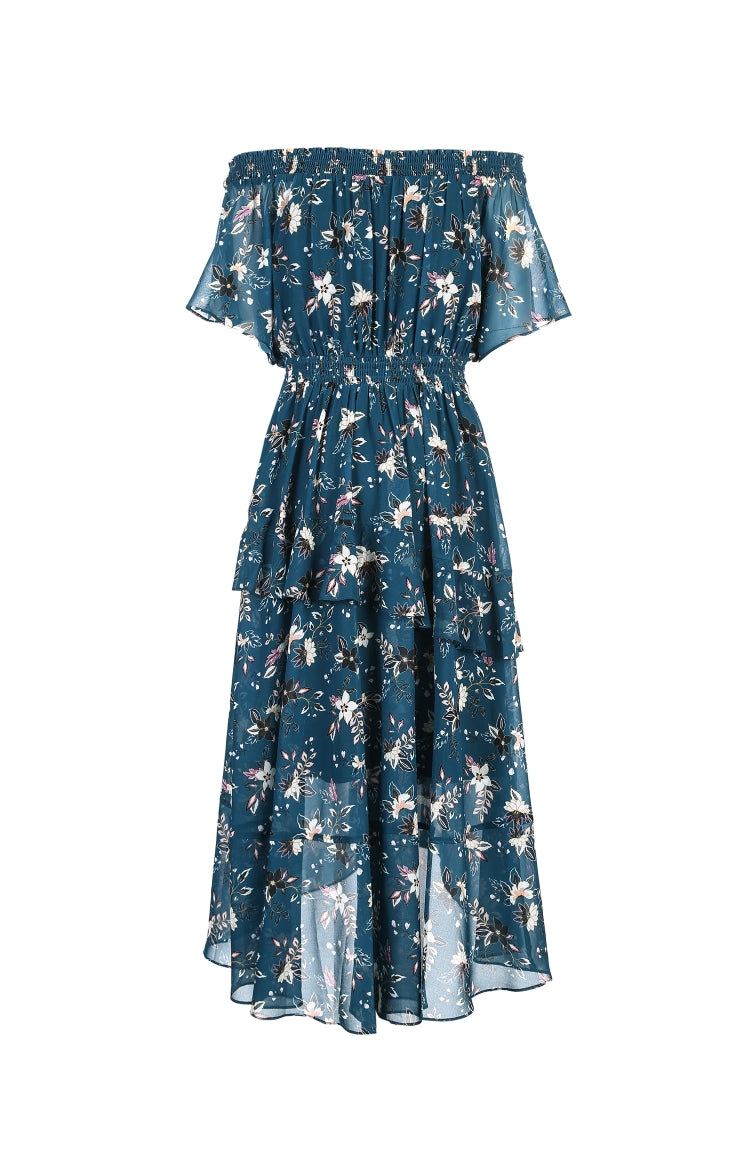 Printed Ruffled Hemline Off-the-shoulder Chiffon Dress