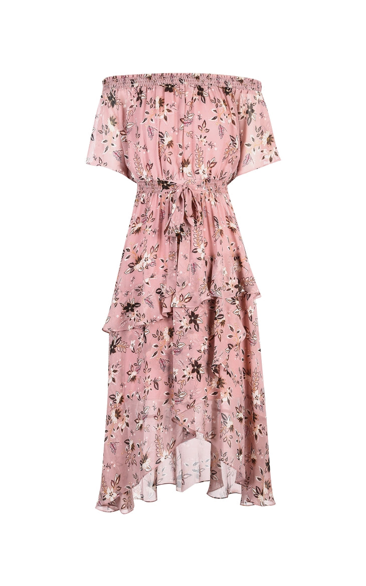 Printed Ruffled Hemline Off-the-shoulder Chiffon Dress