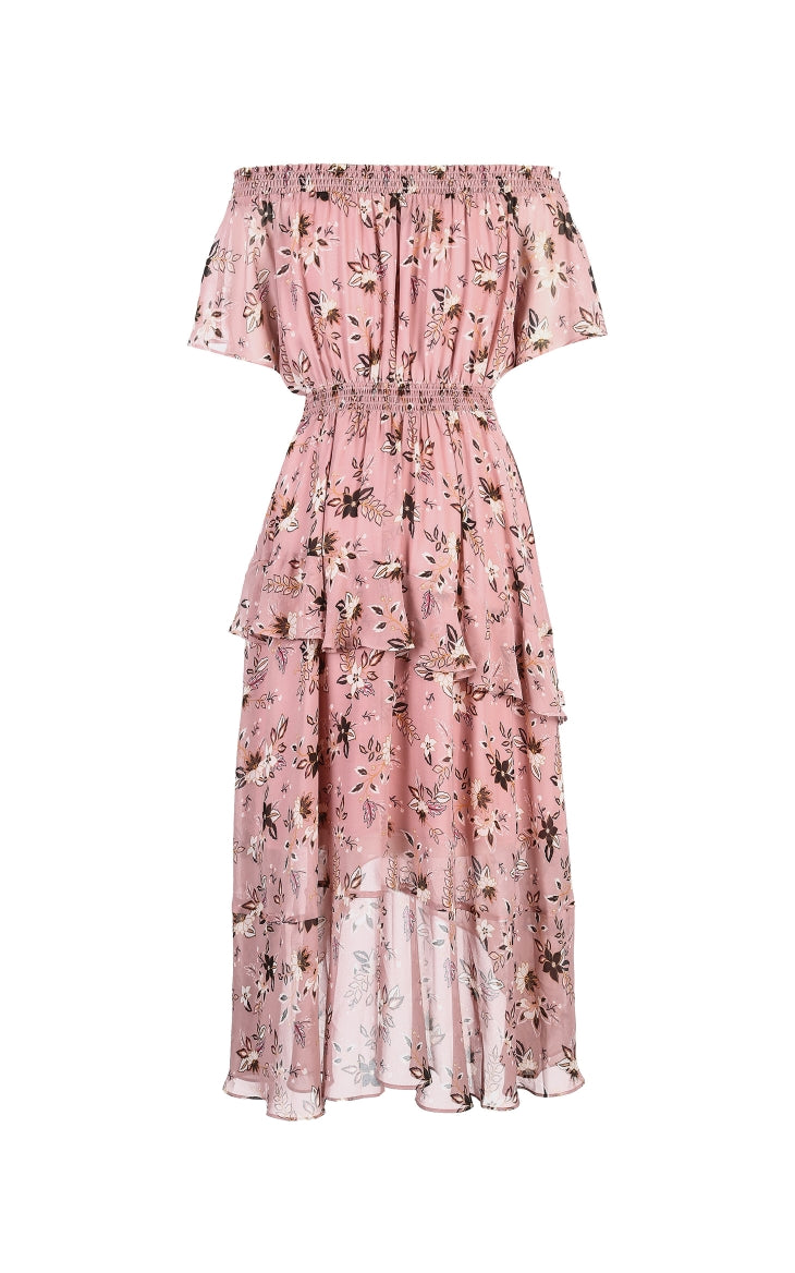Printed Ruffled Hemline Off-the-shoulder Chiffon Dress