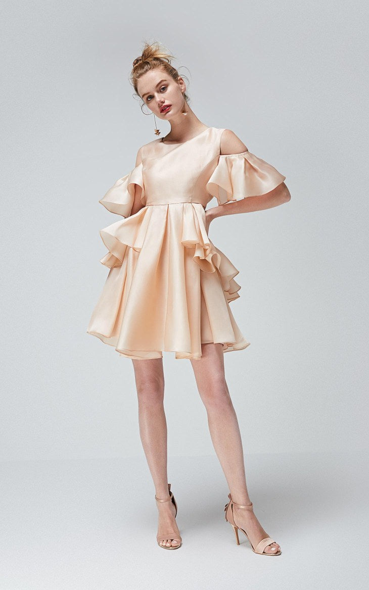 100% Mulberry Silk Ruffled Off-the-shoulder Umbrella Hem Dress