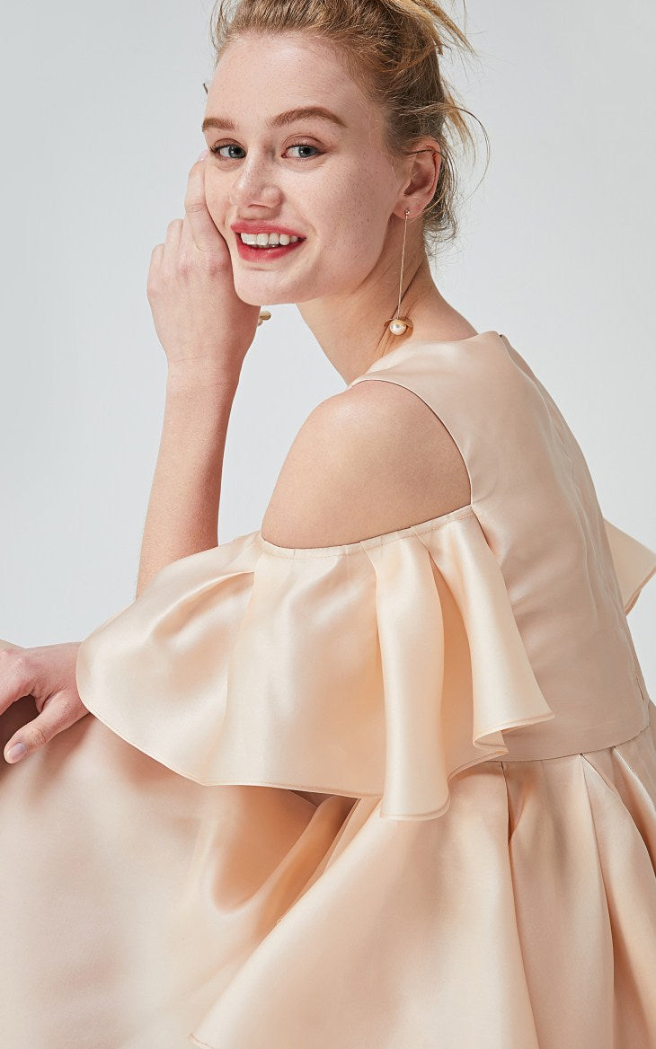 100% Mulberry Silk Ruffled Off-the-shoulder Umbrella Hem Dress