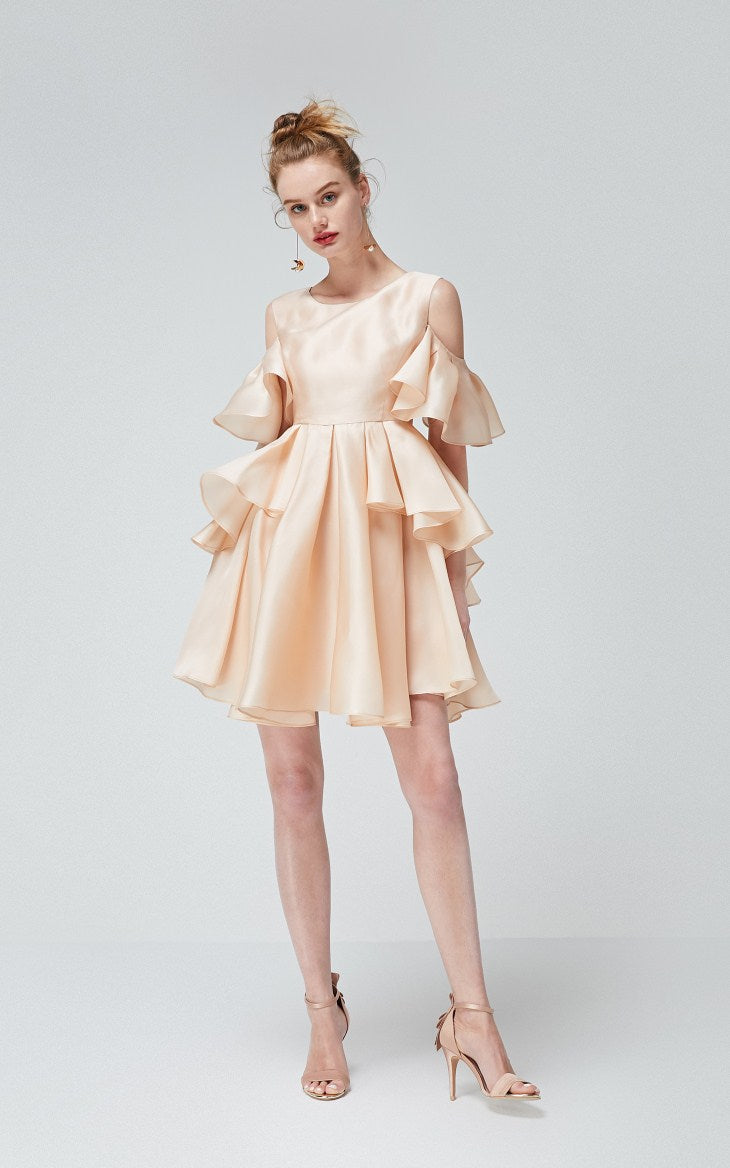 100% Mulberry Silk Ruffled Off-the-shoulder Umbrella Hem Dress