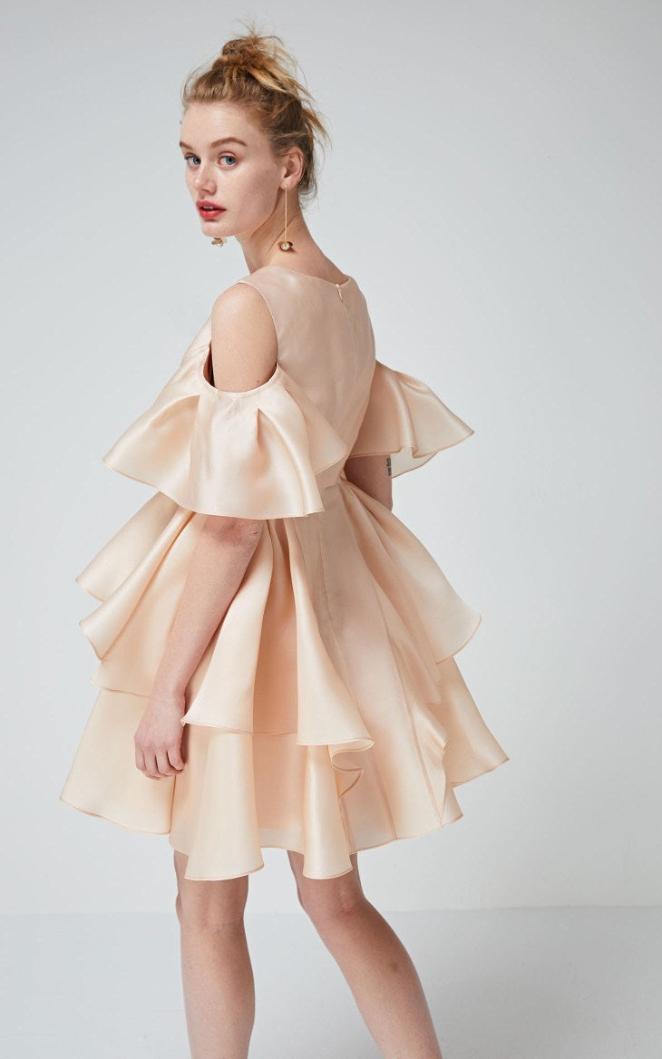 100% Mulberry Silk Ruffled Off-the-shoulder Umbrella Hem Dress