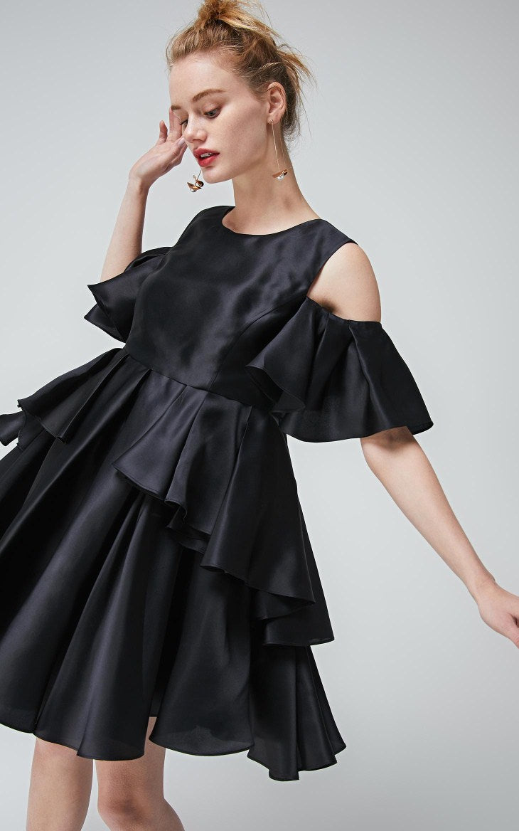 100% Mulberry Silk Ruffled Off-the-shoulder Umbrella Hem Dress