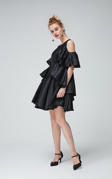 100% Mulberry Silk Ruffled Off-the-shoulder Umbrella Hem Dress