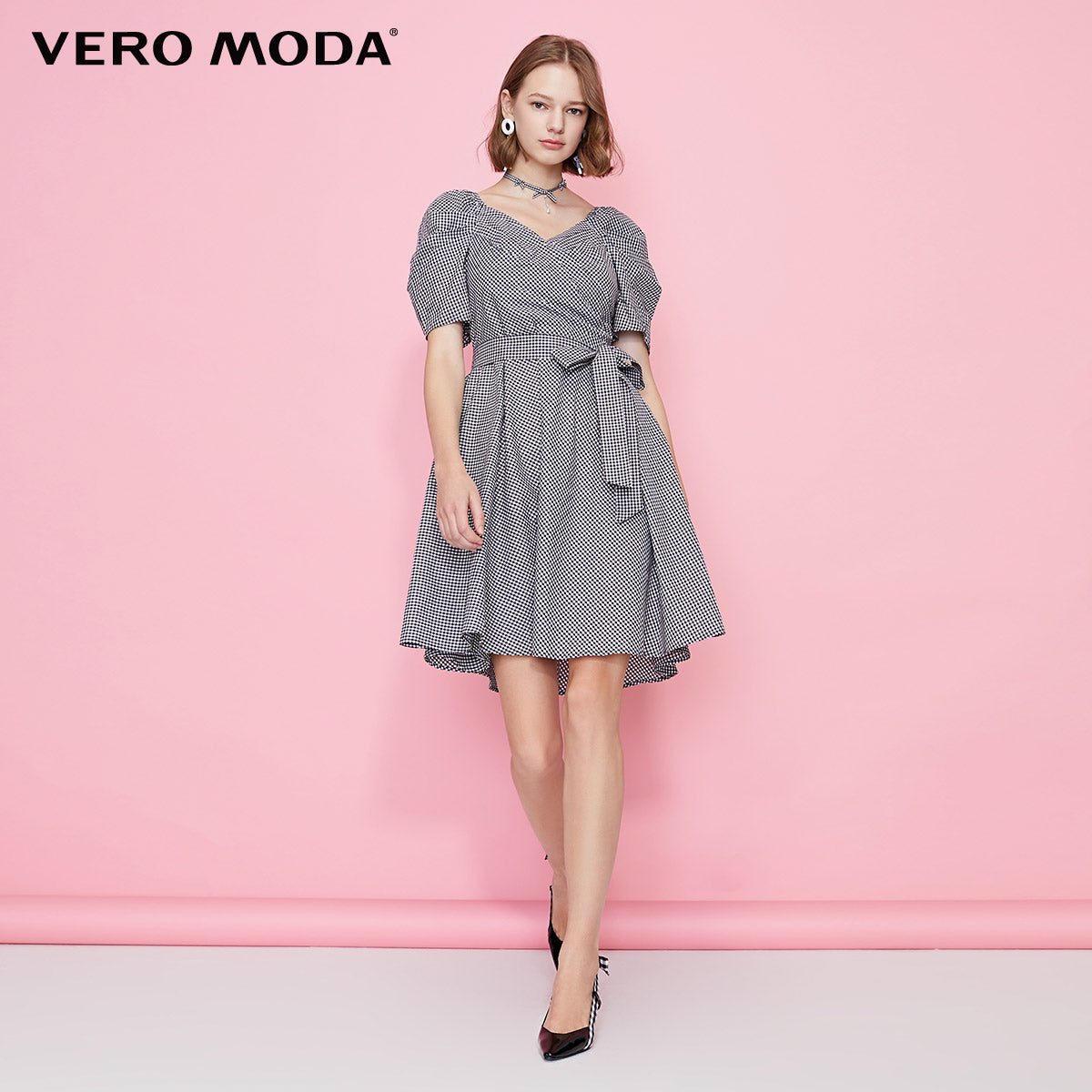 Cotton Vintage Plaid Budded Sleeves Low-cut V-neckline Dress