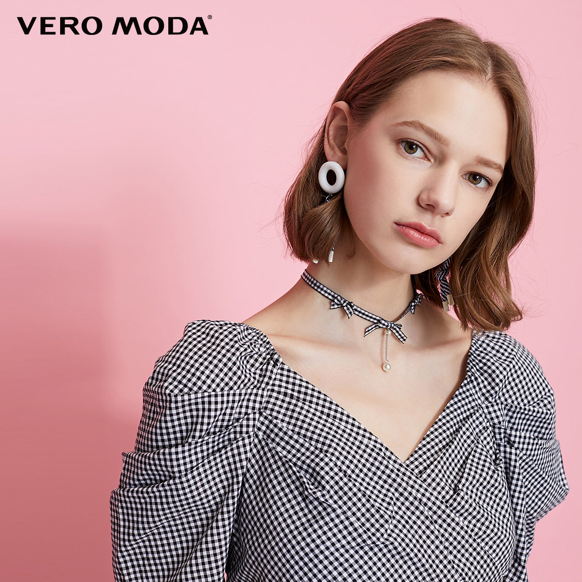 Cotton Vintage Plaid Budded Sleeves Low-cut V-neckline Dress