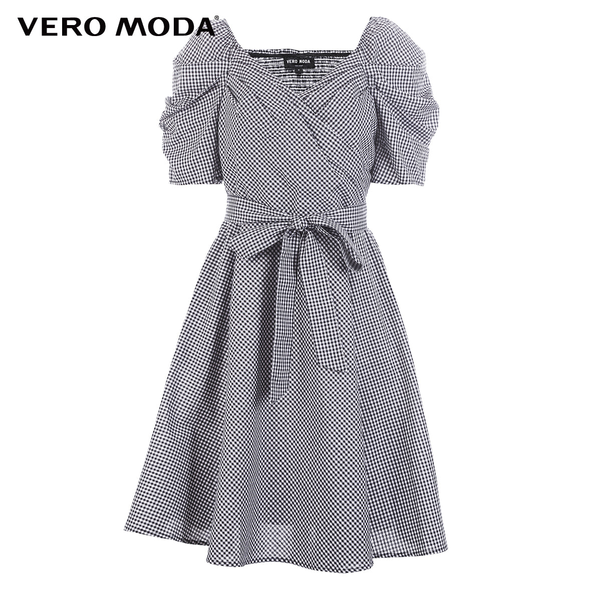 Cotton Vintage Plaid Budded Sleeves Low-cut V-neckline Dress