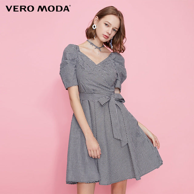 Cotton Vintage Plaid Budded Sleeves Low-cut V-neckline Dress