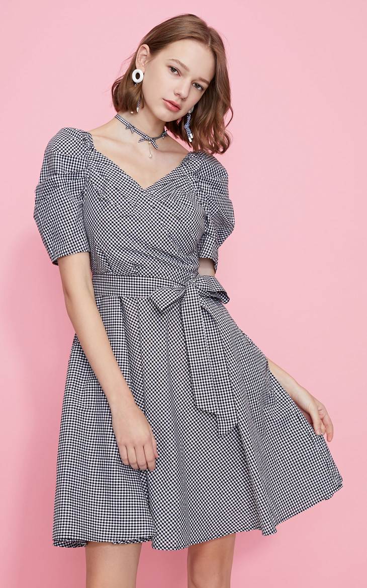 Cotton Vintage Plaid Budded Sleeves Low-cut V-neckline Dress
