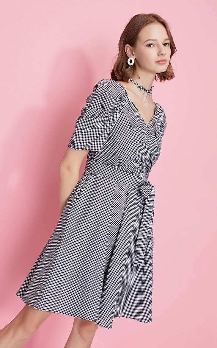 Cotton Vintage Plaid Budded Sleeves Low-cut V-neckline Dress