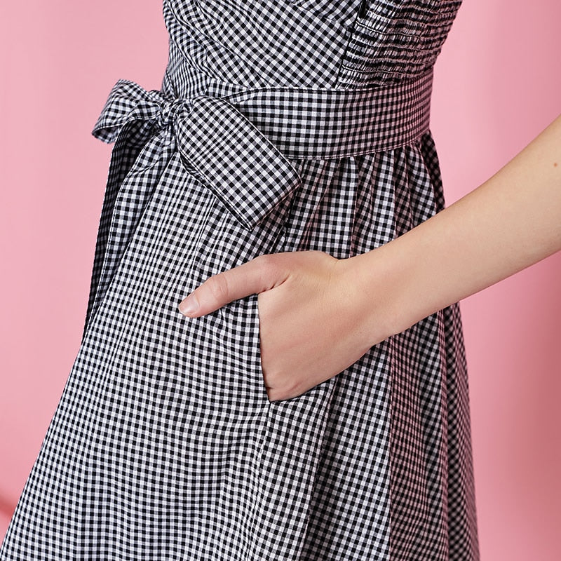 Cotton Vintage Plaid Budded Sleeves Low-cut V-neckline Dress