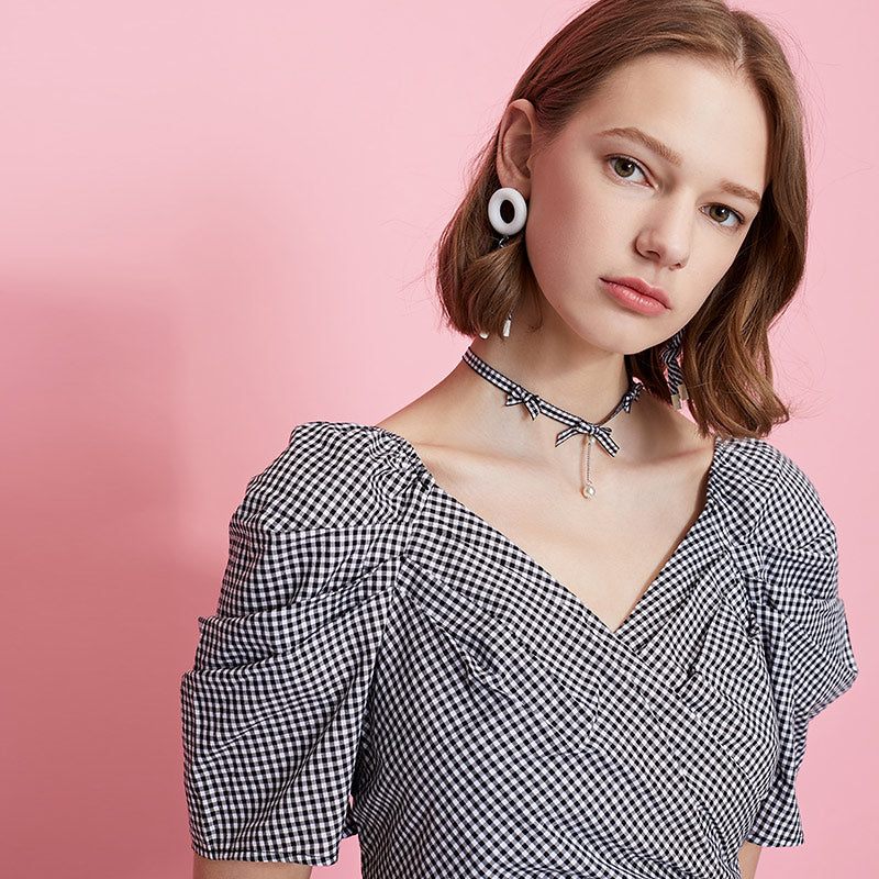 Cotton Vintage Plaid Budded Sleeves Low-cut V-neckline Dress