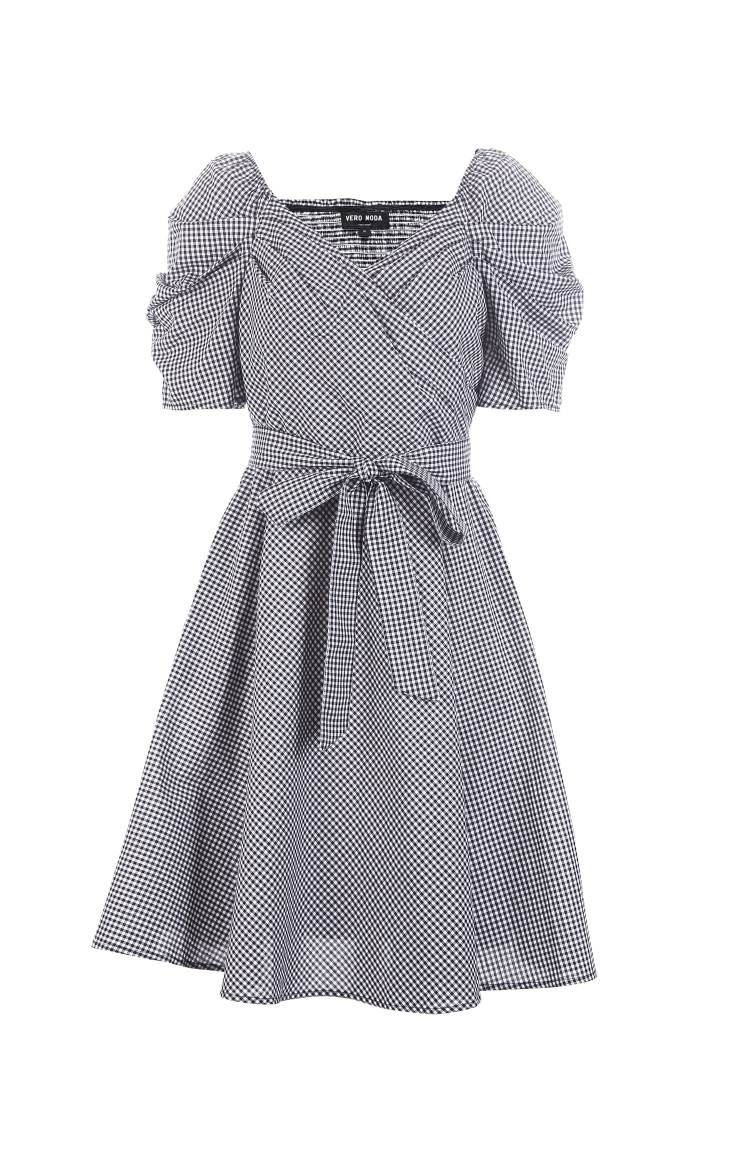 Cotton Vintage Plaid Budded Sleeves Low-cut V-neckline Dress