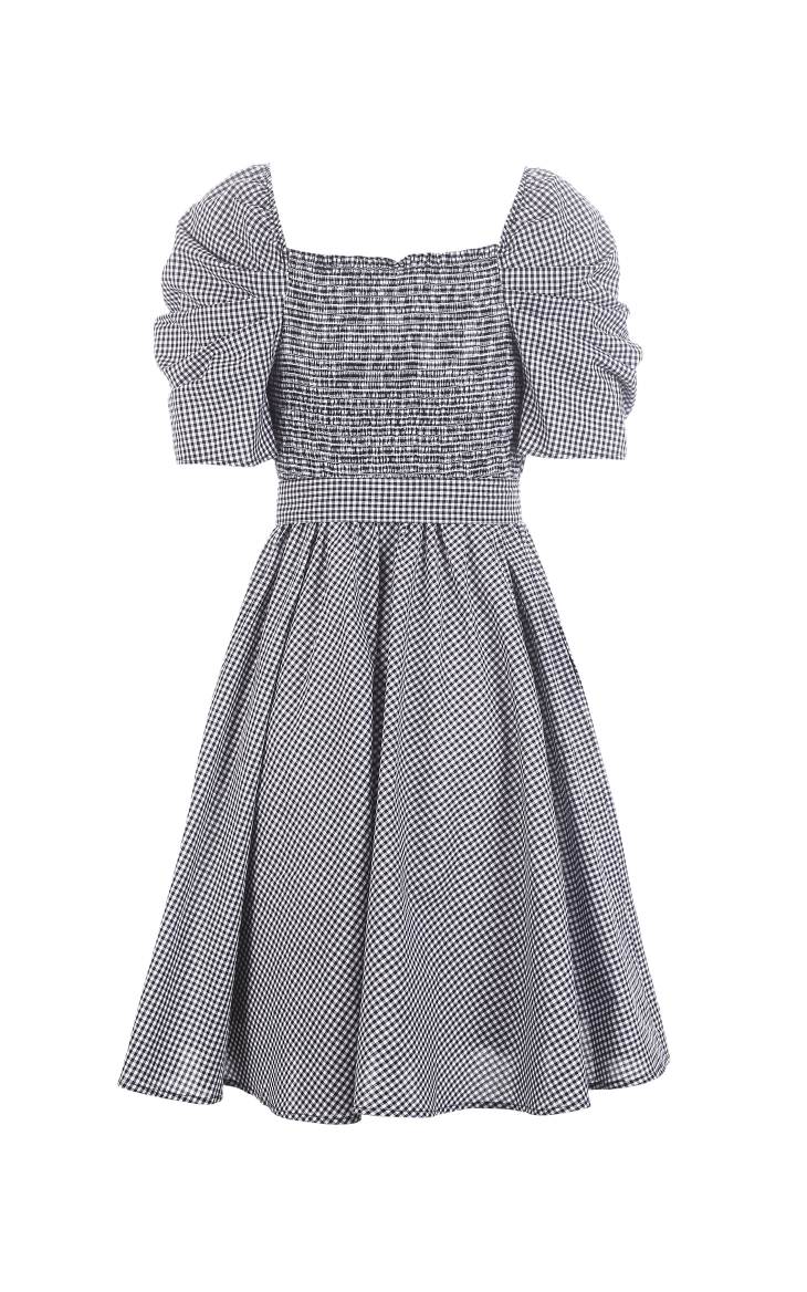 Cotton Vintage Plaid Budded Sleeves Low-cut V-neckline Dress