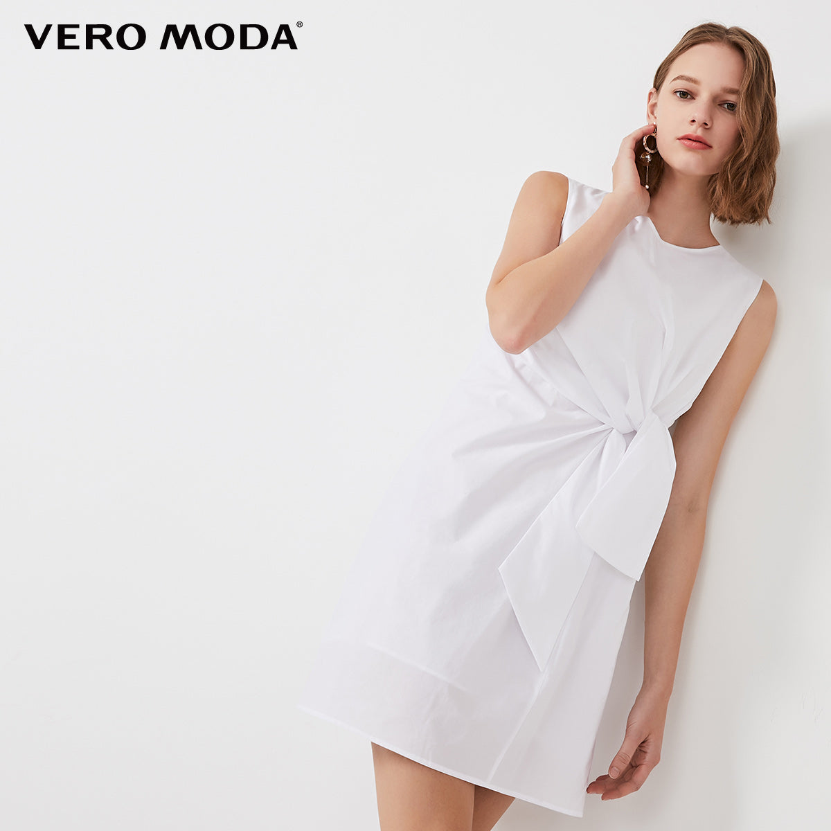 OL Cotton Lace-up Sleeveless Round Neckline Dress