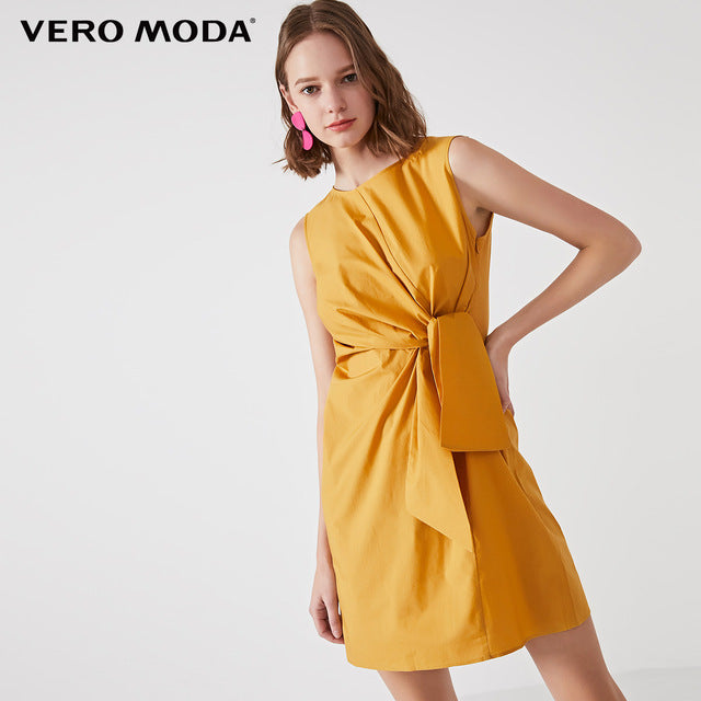 OL Cotton Lace-up Sleeveless Round Neckline Dress