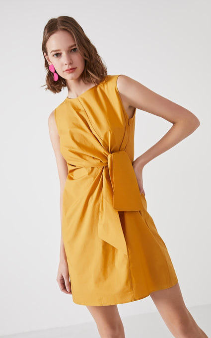OL Cotton Lace-up Sleeveless Round Neckline Dress