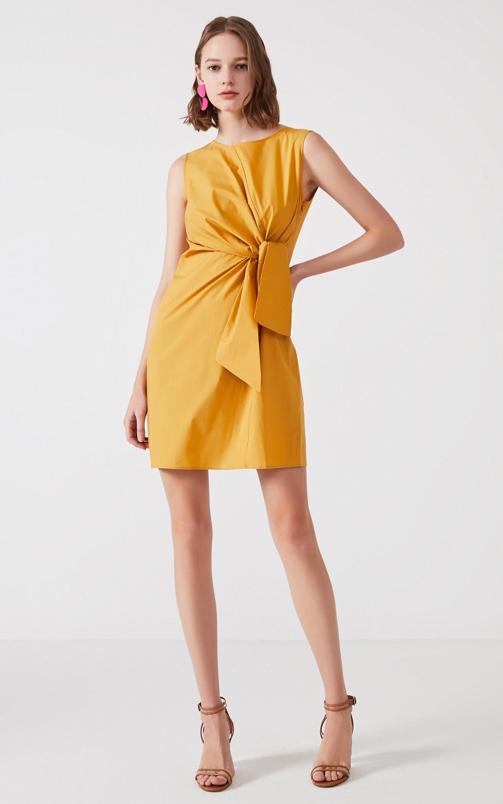 OL Cotton Lace-up Sleeveless Round Neckline Dress