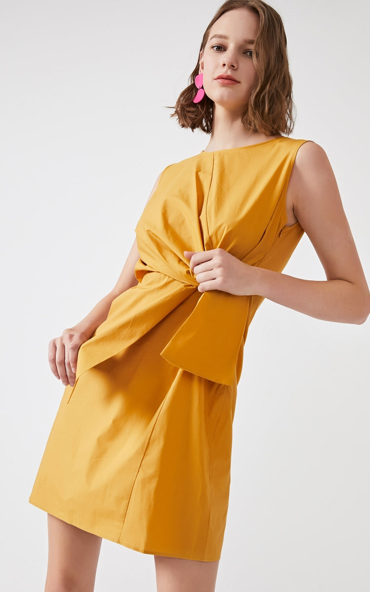 OL Cotton Lace-up Sleeveless Round Neckline Dress