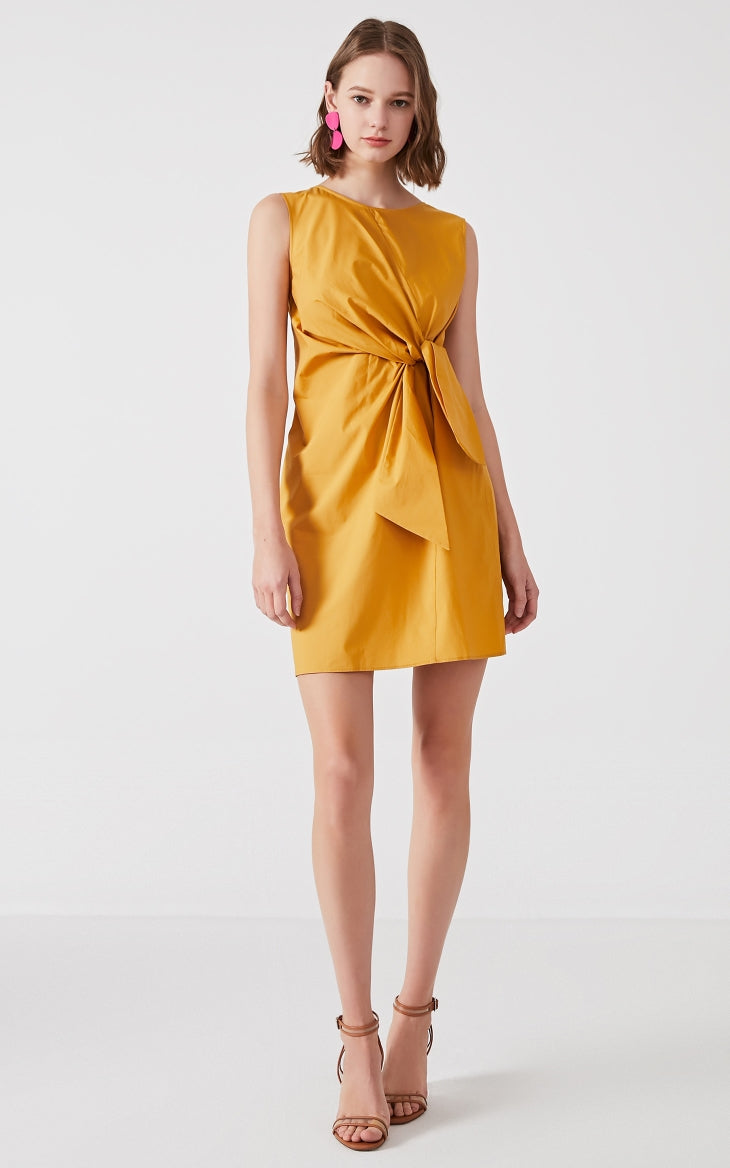OL Cotton Lace-up Sleeveless Round Neckline Dress