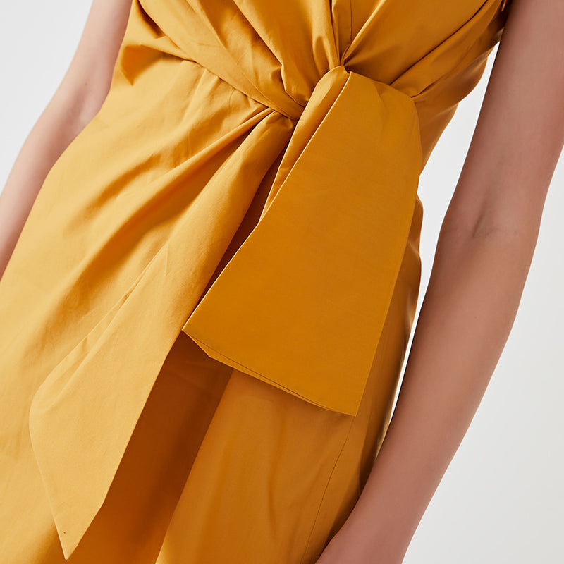 OL Cotton Lace-up Sleeveless Round Neckline Dress